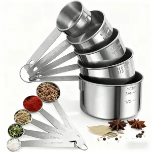 Measuring cup and spoon set, stainless steel 10 piece nested measuring tool, coffee spoon - suitable for drying and liquid ingredients, kitchen tool for cooking and baking, including 5 cups and 5 spoons