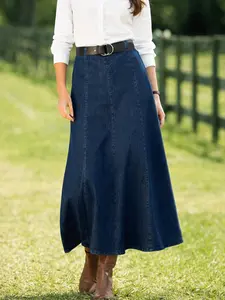 Spring Summer Women's Dark Blue Dark Wash Elastic Denim Skirt, High Waist Slimming Mid-Length Umbrella Skirt, A-Line Big Swing Skirt, Flowy Casual Skirt