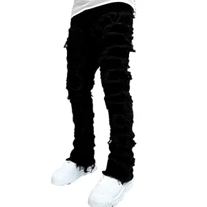 Men's denim pants with patchwork creative straight tube stretch street style denim pants, with pockets,Men's Casual Ripped Skinny Jeans with Frayed Detailing - Stretch Denim Cotton Blend, Slim Fit All-Season Trousers with Solid Color Washed Design