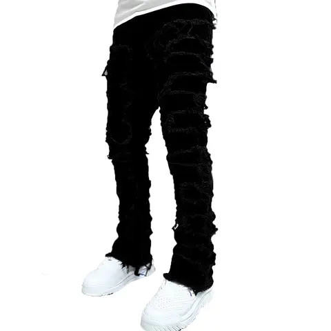Men's Ripped Fitted Jeans - Stretch Cotton Blend Denim, Chic Patchwork Punk Rockstar Style, Straight Tube & Slim Fit, Washed Solid Color, Frayed Detailing, Pockets, Zipper, All-Season Casual Men's Clothing for Party Sneaker Pairing