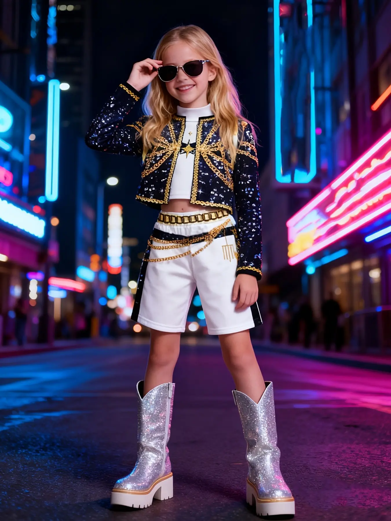 Girls' 3-Piece Sequined Summer Outfits Set, Short Jacket + Top + Shorts, Party/photoshoot/performance, Casual Street Style