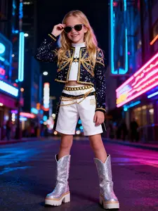 Girls' 3-Piece Sequined Summer Outfits Set, Short Jacket + Top + Shorts, Party/photoshoot/performance, Casual Street Style