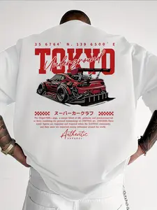 Men's Short Sleeve T-Shirt, Printed with Racing Car Pattern and English Graphics, Loose Fit Fashion Casual Crew Neck Top, Spring Summer Outdoor Clothing outdoorfun cotton tee gift