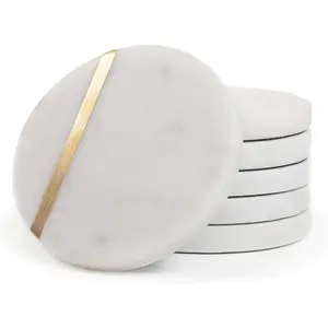 Marble Coasters Set of 6, White Marble with Gold Brass Inlay, Luxury Aesthetic Modern Decor for Coffee Table, Real Natural Semi Absorbent Stone Coasters