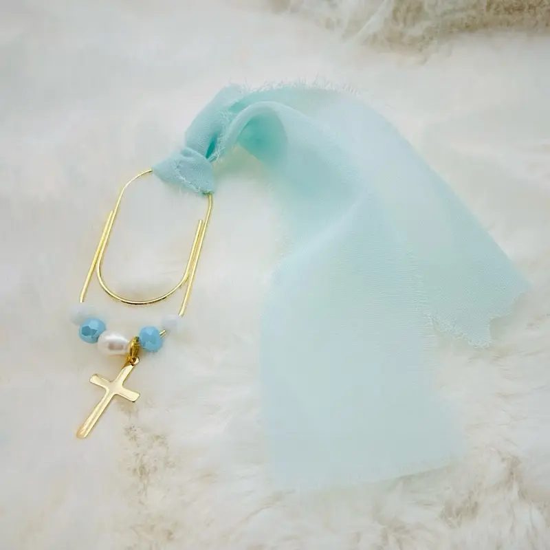 Gold Placed Paper Clip with Elegant Beads and Cross Charm for Stylish Organization