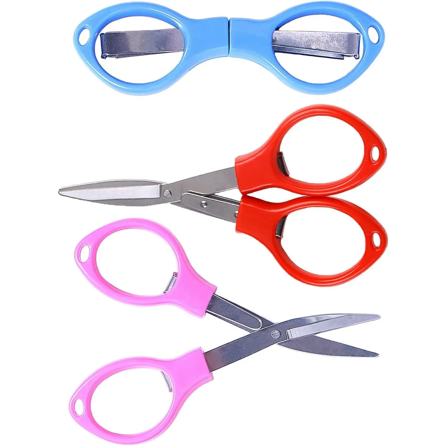 3-Pack Foldable Plastic-Accented Stainless Steel Safety Scissors - Telescopic, 3.8x2.1in & 3.4x1.0in, Easy to Clean, Portable Mini Cutter, Child Safety (Avoids Potential Danger to Children), Kitchen Use, Bag/Pocket Storage, Quick Snips, Thread Trimming, A