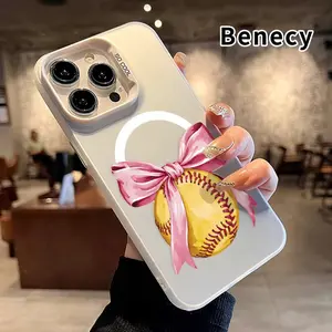 Softball with Bow Magnetic Phone Case for iPhone 15 16 14 Pro Max 13 12 11 XR XS Plus Shockproof Drop Protection Durable PC Smartphone Cover Cellphone Protective