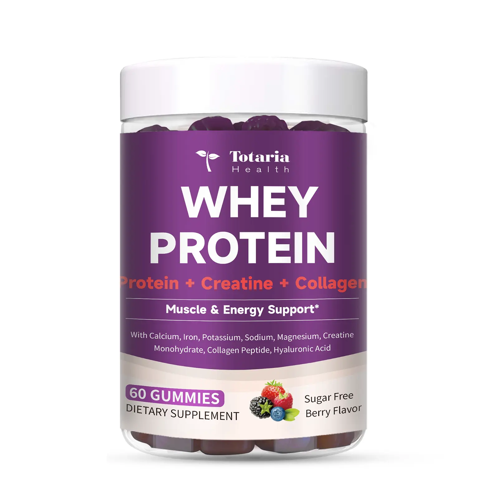 Totaria 3-in-1 Protein Gummies | Whey + Creatine + Collagen | 0 Sugar | Supports Muscles & Natural Energy | Delicious Berry Flavor | Daily Wellness for Men & Women Supplement Fitness