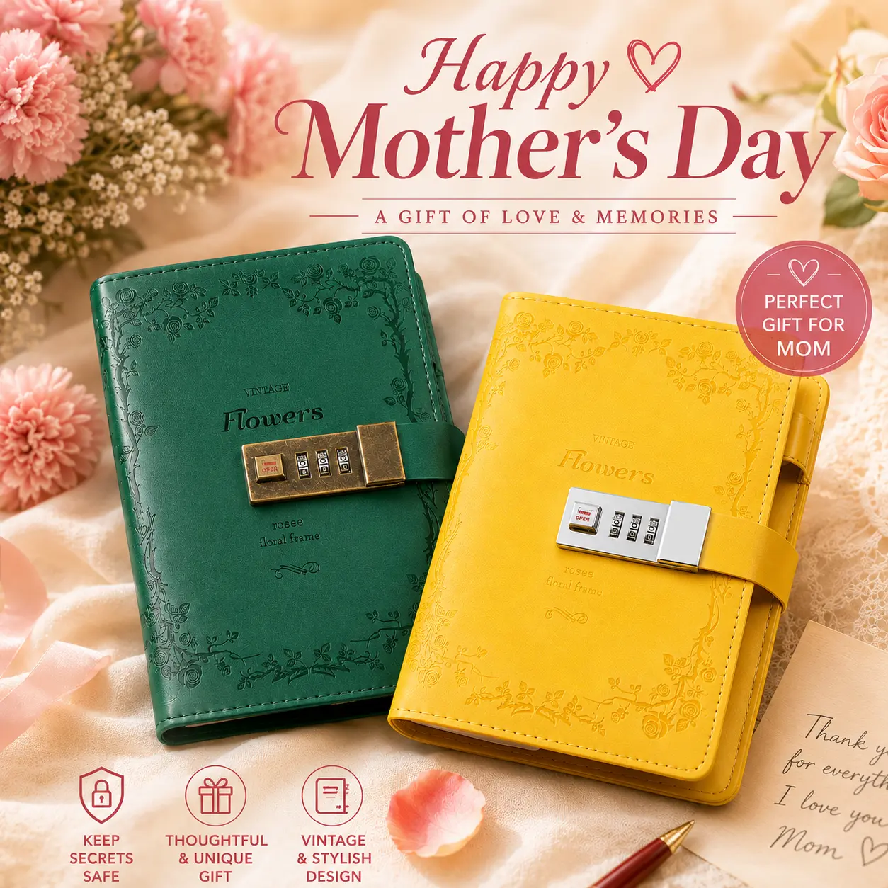 CAGIE A5 Locking Faux Leather Hardcover Journal - Elegant Garden-Ocean Series, 224 Pages, Slim Classic Design, 1000 Number Combination Lock Security, 100gsm Smooth Ink Paper, Women's Mother's Day Gift, Office Stationery Supplies