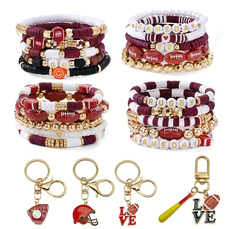 24pcs Men's Women's Casual Daily Elastic Bracelets & Keychain Set - Sporty Football Element Multi-Layer Beaded Stretch Wristband Jewelry Accessory, Party Use