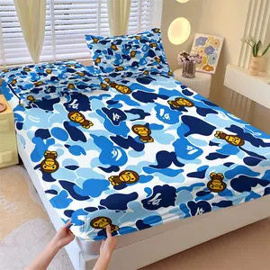 Trendy Streetwear Camo Monkey Fitted Sheet Set, Including 1 Fitted Sheet & 2 Pillowcases, Cool Hip Hop Style Deep Pocket Bed Set for Teen Boys Bedroom Dorm, Birthday Gift for Streetwear & Camo Lovers, Polyester Bedding