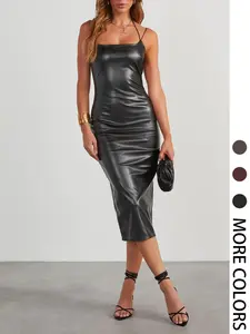 Women's Solid Color Pu Leather Bodycon Fit Dress, Fashionable Elegance Spaghetti Strap Dress for Party Club Dating Wear, Women Dress for Summer