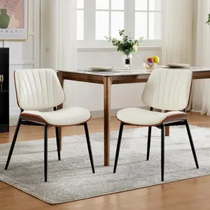 Garvee Set of 2 Mid-Century Modern Dining Chairs with White PU Leather Upholstery, Walnut Bentwood Back, Metal Legs with Adjustable Feet, and Shell-Striped Accent for Kitchen or Dining Room