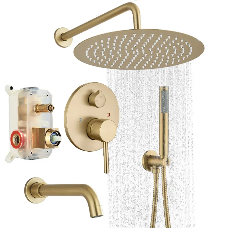 3 Functions Shower System with Tub Spout, Brushed Gold Bathtub Shower Faucet Set, 8" Rainfall Shower Head and Handheld Spray Combo, Round Shower Head and Handle Set with Tub Spout (Mixing Valve Included), Brushed Gold