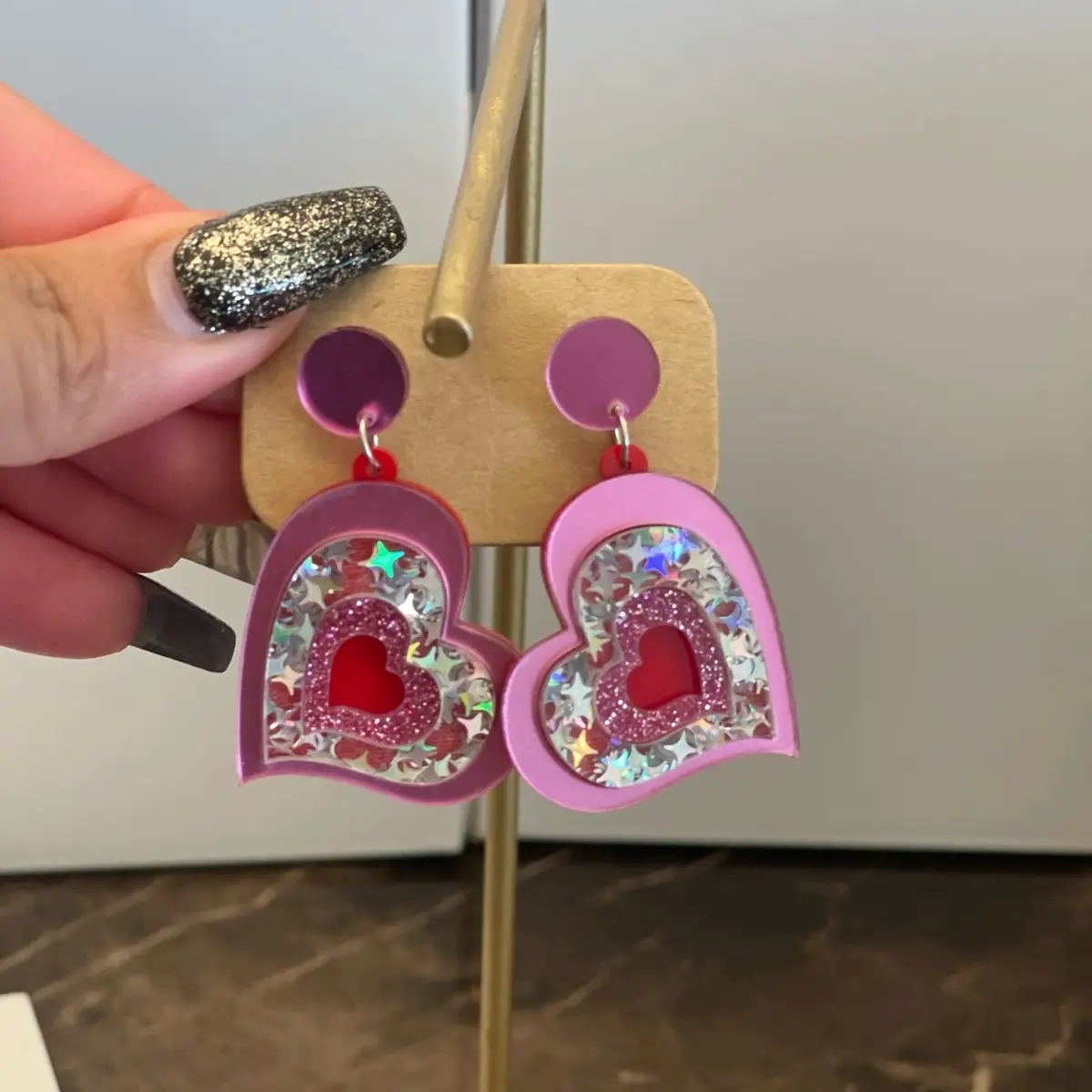 Pink and Red Dazzling Heart Earrings - Heart-Shaped Design with Sparkling Accents and Red Accents