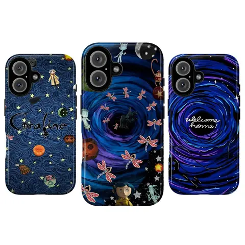 [MagSafe Available] JIACC Whimsical Girl Patterned Smartphone Case - Polycarbonate Casing for iPhone ProMax Plus Air, Samsung Ultra - Button Eye, Black Cat, Blue Night Sky, Spooky Galaxy Design, Protective - Halloween Gift for Friends