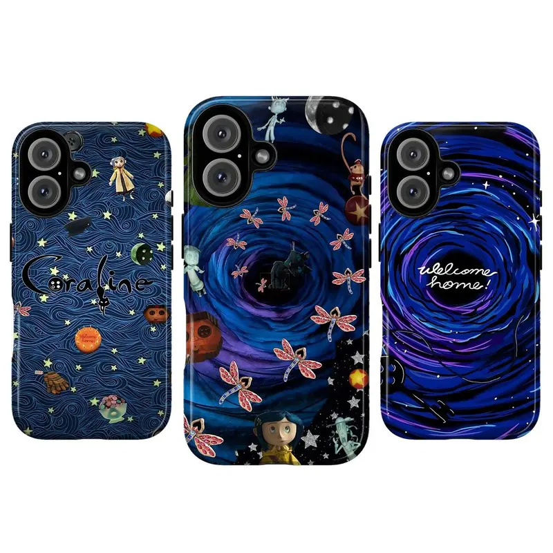 [MagSafe Available] JIACC Whimsical Girl Patterned Smartphone Case - Polycarbonate Casing for iPhone ProMax Plus Air, Samsung Ultra - Button Eye, Black Cat, Blue Night Sky, Spooky Galaxy Design, Protective - Halloween Gift for Friends