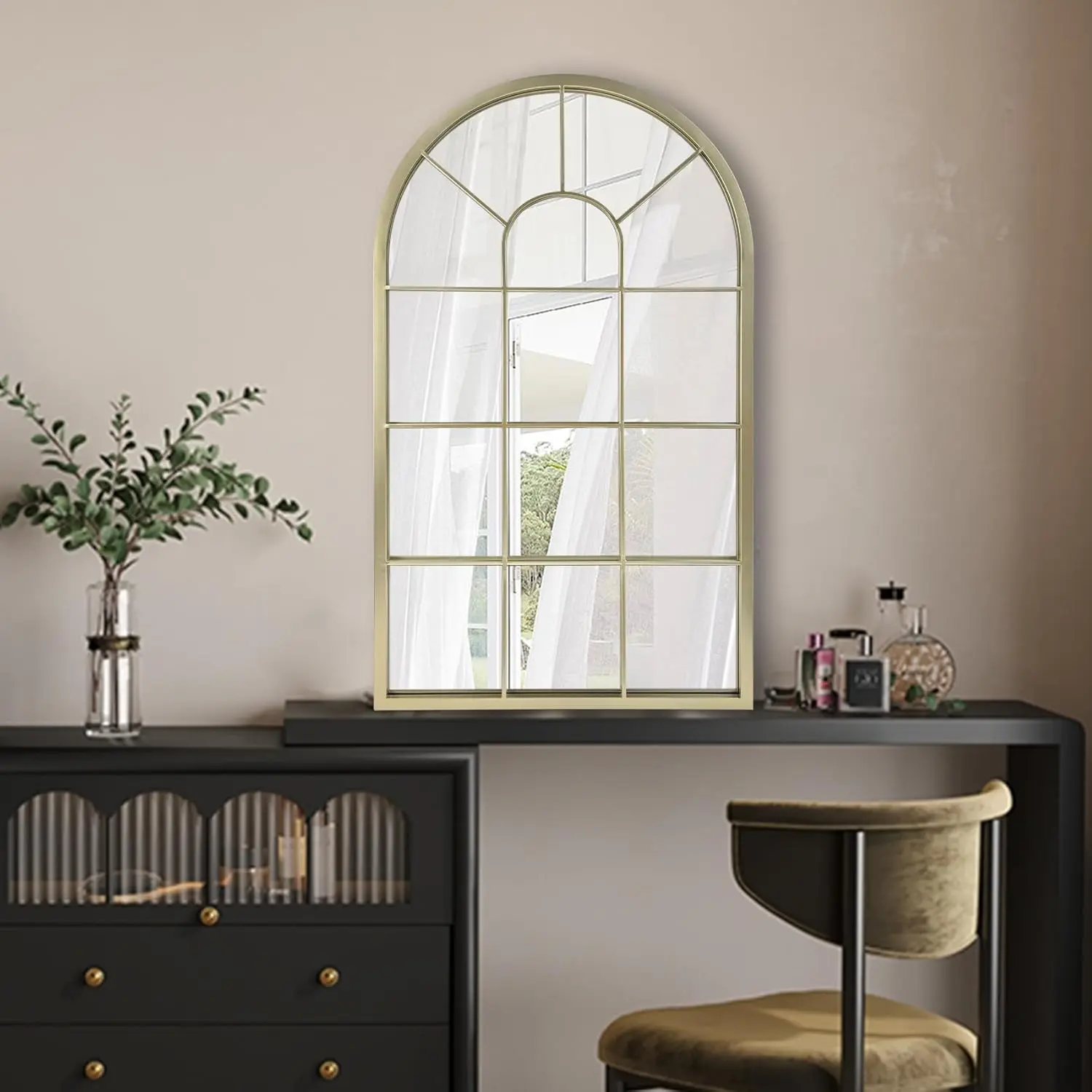 Arched Modern Farmhouse Framed Mirror - 31.5x20x1 in, Light Amplifier Synthetic Design, Durable Wall Mirror for Living Room, Bathroom Vanities, Amplifies Light