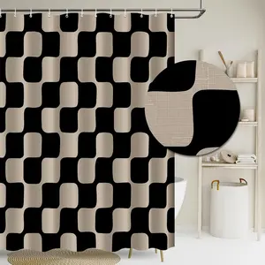 Retro Checkerboard Grid  140gsm Faux Linen Fabric Shower Curtain, Black Brown Classical Groovy Wavy Checkered Shower Curtain Sets Decoration 72x72 Inch with Hooks