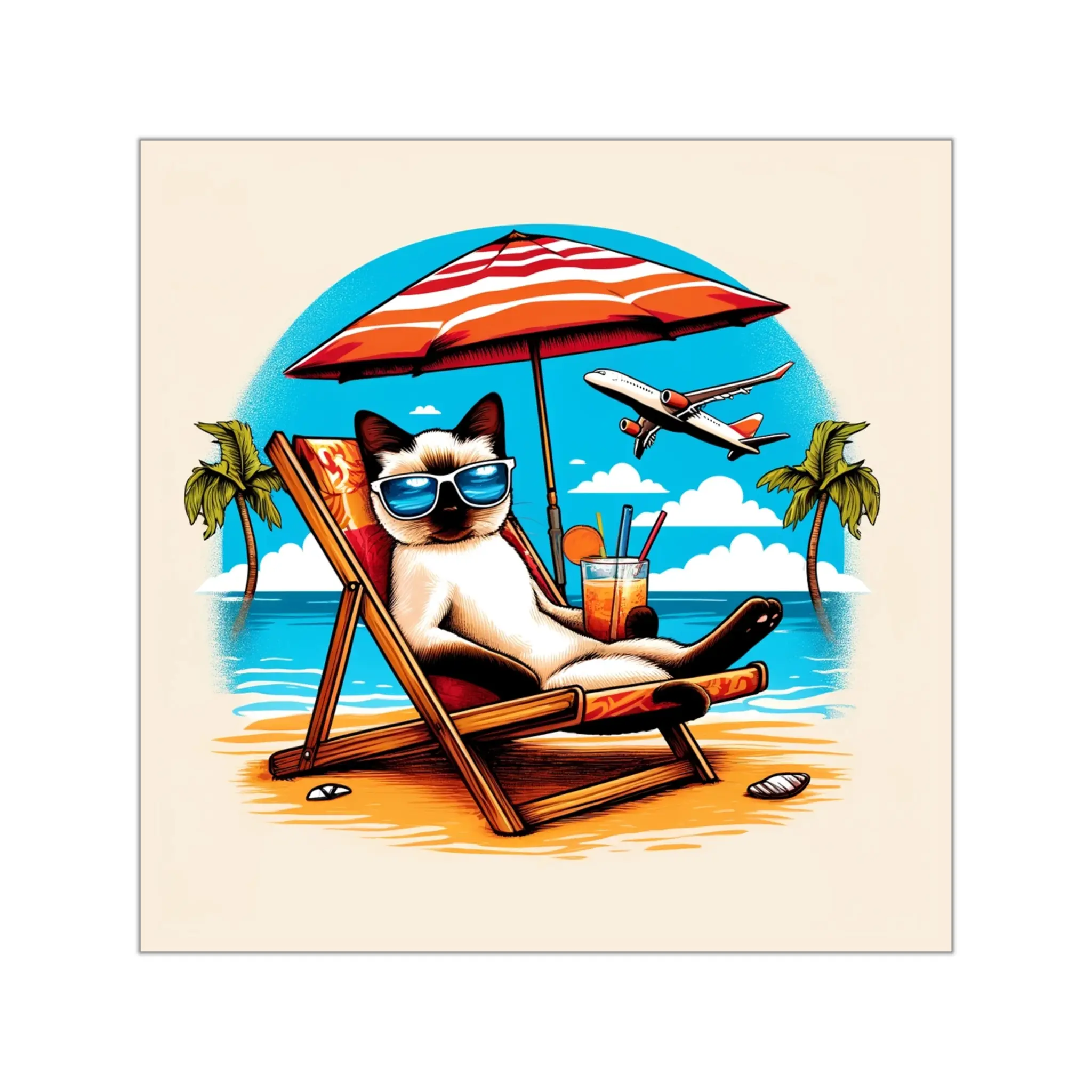 Whimsical Art Siamese Cat Vinyl Sticker - Square Printed, Funny Phrase "If You Can Read This, I'm Not Flying", Beach Themed, Indoor/Outdoor Use, High-Quality, 5 Different Sizes, Grey Adhesive Back, Ideal for Beach Lovers, Beach Themed Bedroom, Printed Vin