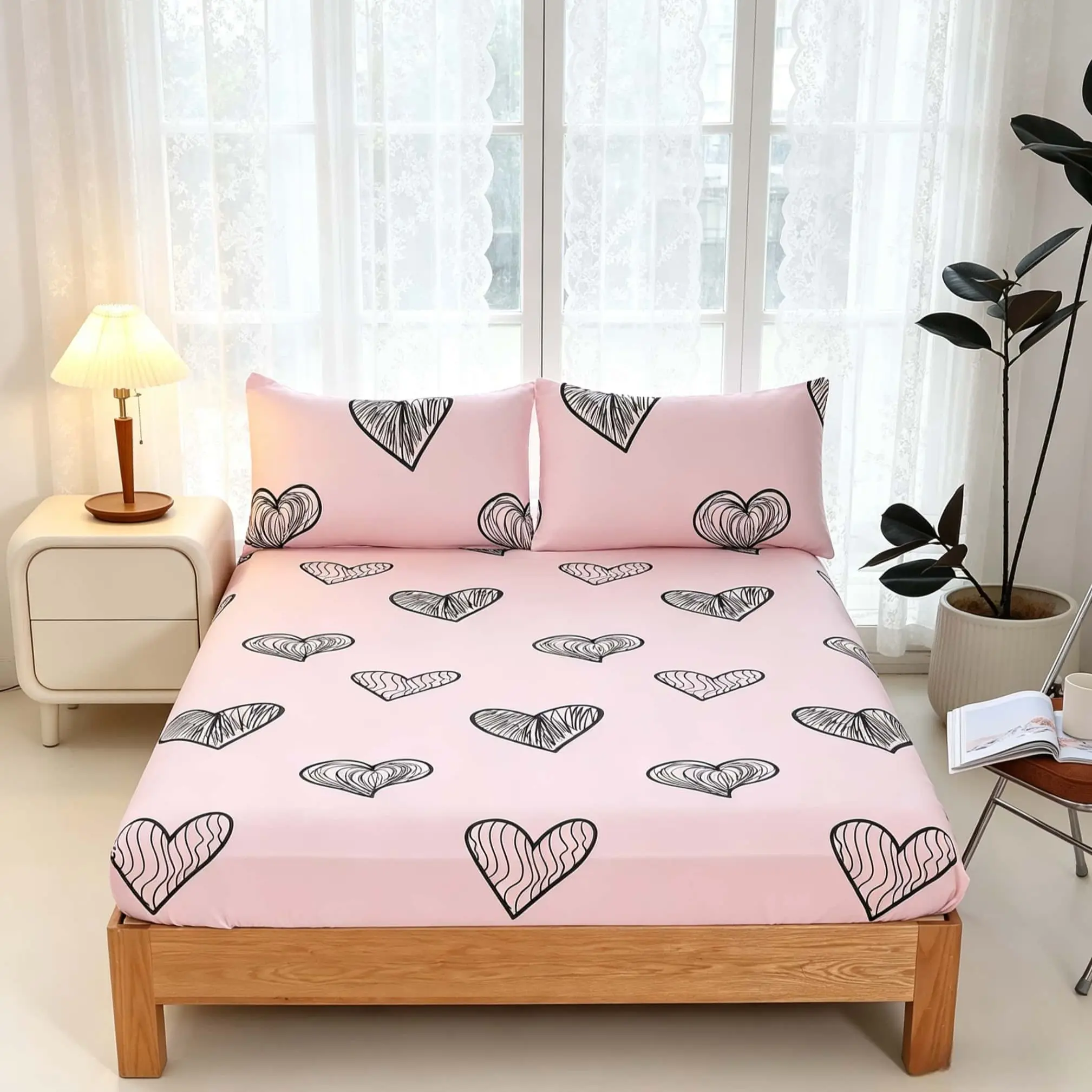 Simple Love Print Fitted Sheet Set, 1 fitted sheet + 2 pillowcases, no inserts included. Soft and comfortable bedding set, suitable for bedrooms and guest rooms, deep pocket design, Complete Sheet Set