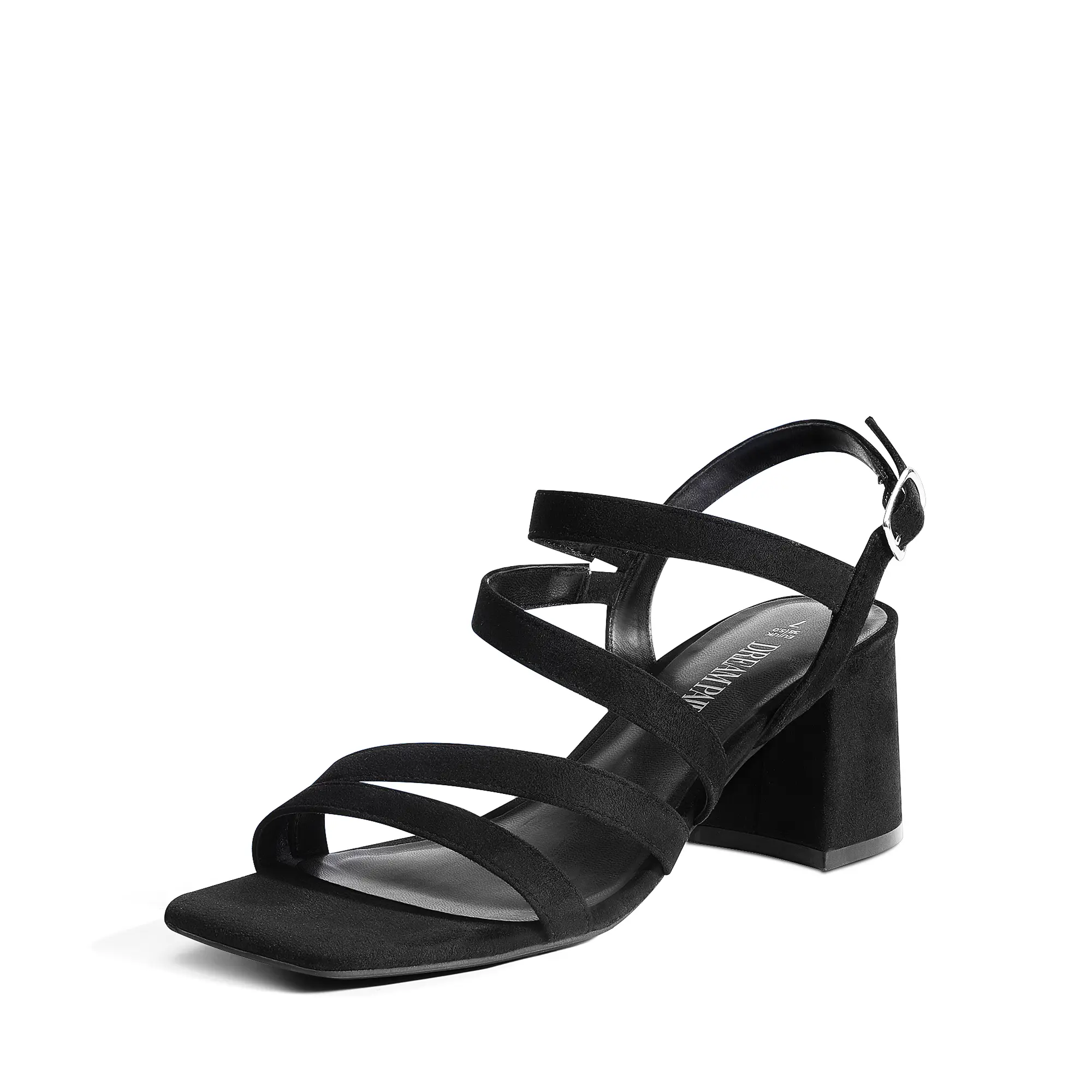 Dream Pairs Women's Strappy Square Toe Sandals, Suede Chunky Block Heel Shoe with Asymmetric Decor Design for Parties & Weddings, Adjustable, Padded, Footwear, Black Suede, Comfortable Heels, Buckle, Secure Straps, Less Wobble, Padded Insole, Stable Chunk