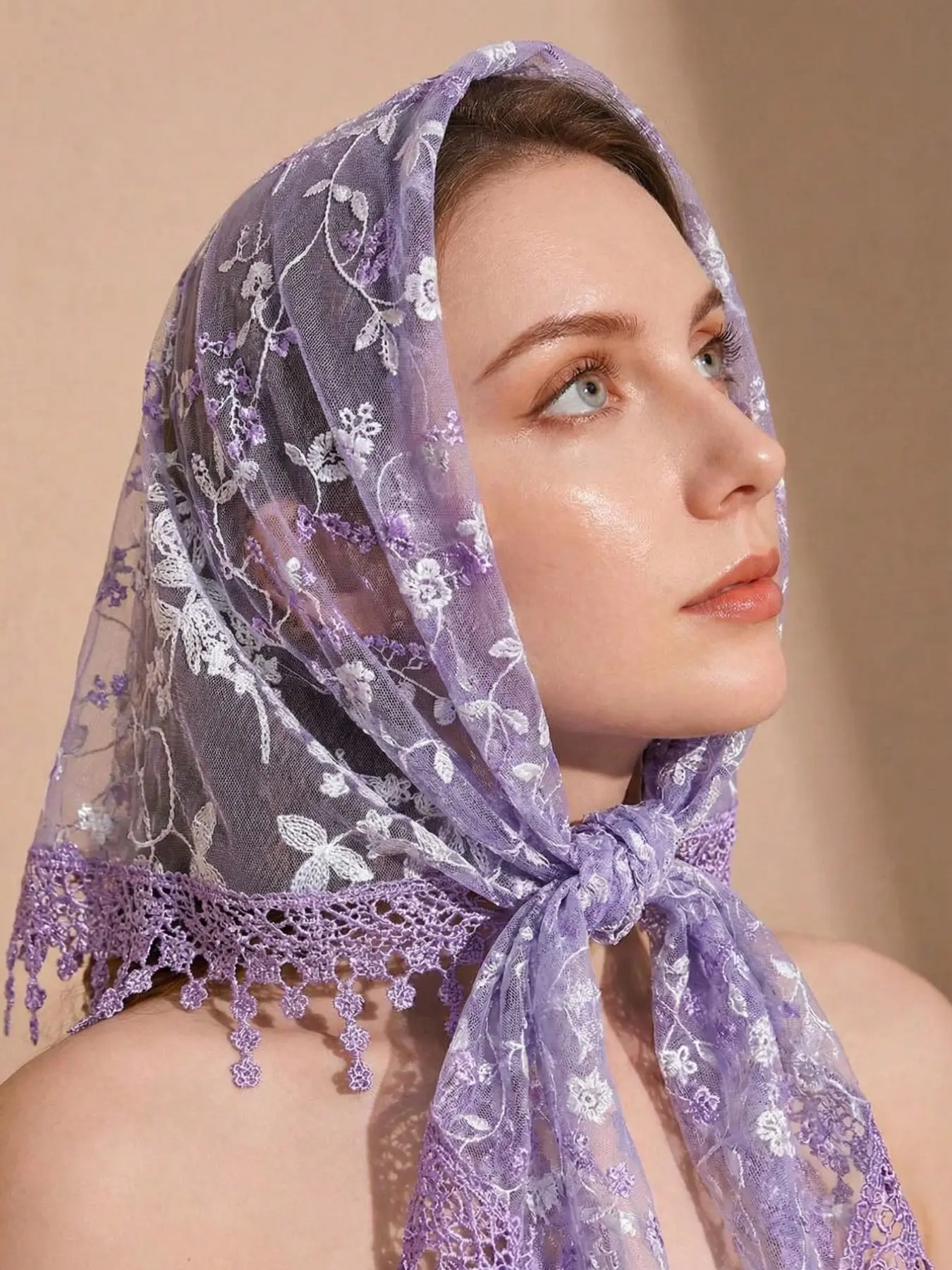 Women's Spring Summer Lace Print Fringe Triangle Head Scarf Shawl Tudung, Modern Casual Versatile Wrap for Outdoor Parties Beach Travel Daily Use