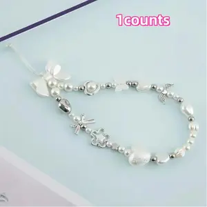Baroque Faux Pearl Chain Beaded Sweet Phone Lanyard, Iron Box Camera Pendant Wrist Strap, Trendy Accessory for Phones & Cameras, Phone Charms