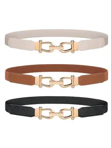 Women Stretchy Waist Belt Retro Elastic Skinny Belt Plain Pattern Type Elastic Material 3-Pack Stylish Belts for Ladies with Gold Buckle
