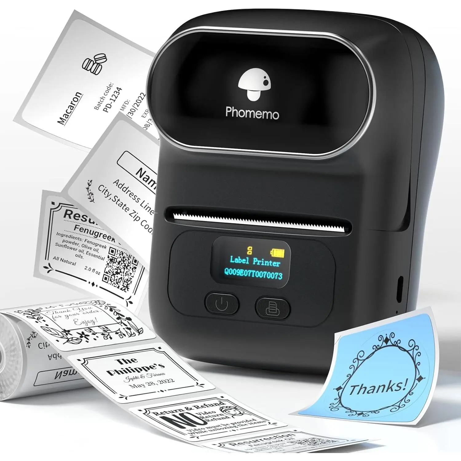 Phomemo M110 Label Maker - Label Maker Machine with Tape Portable  Barcode Label Printer for Small Business, Address, Logo, Clothing, Mailing, with 40x30mm Label, Black