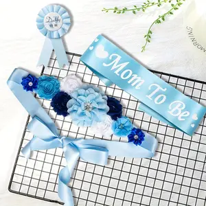 3pcs Blue and Pink Shower Sash and Pin, Maternity Sash and Mommy Daddy Corsage Set, Pearls Flowers Pregnant Sash Belt, Mom and Dad to be Badge Tinplate for Gender Reveal Partybaby,