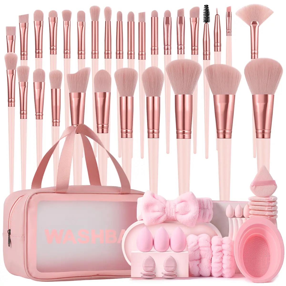 53PCS Makeup Tools Set:1pc Cosmetic Bag Waterproof+30PCS Makeup Brush Set+6PCS Makeup Sponges+6PCS Triangle Powder Puffs+6PCS Mini Air Cushion Powder Puffs+1pc Makeup Brush Cleaning Tools+1pc Hairband+2PCS Hand Bowl Strap, Kit, Storage