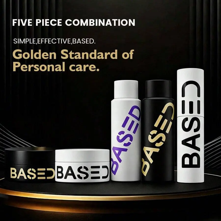 Five-In-One Combo Pack BASED Ultimate Straight/Wavy Hair Styling Bundle| Hair Texturizing Powder And Hair Clay For Men,Shower Duo Shampoo & Conditioner Bundle With Peppermint Oil Hair Care Products,Texture Powder, Clay, Pomade| BASED Bodyworks|Premium,Lig