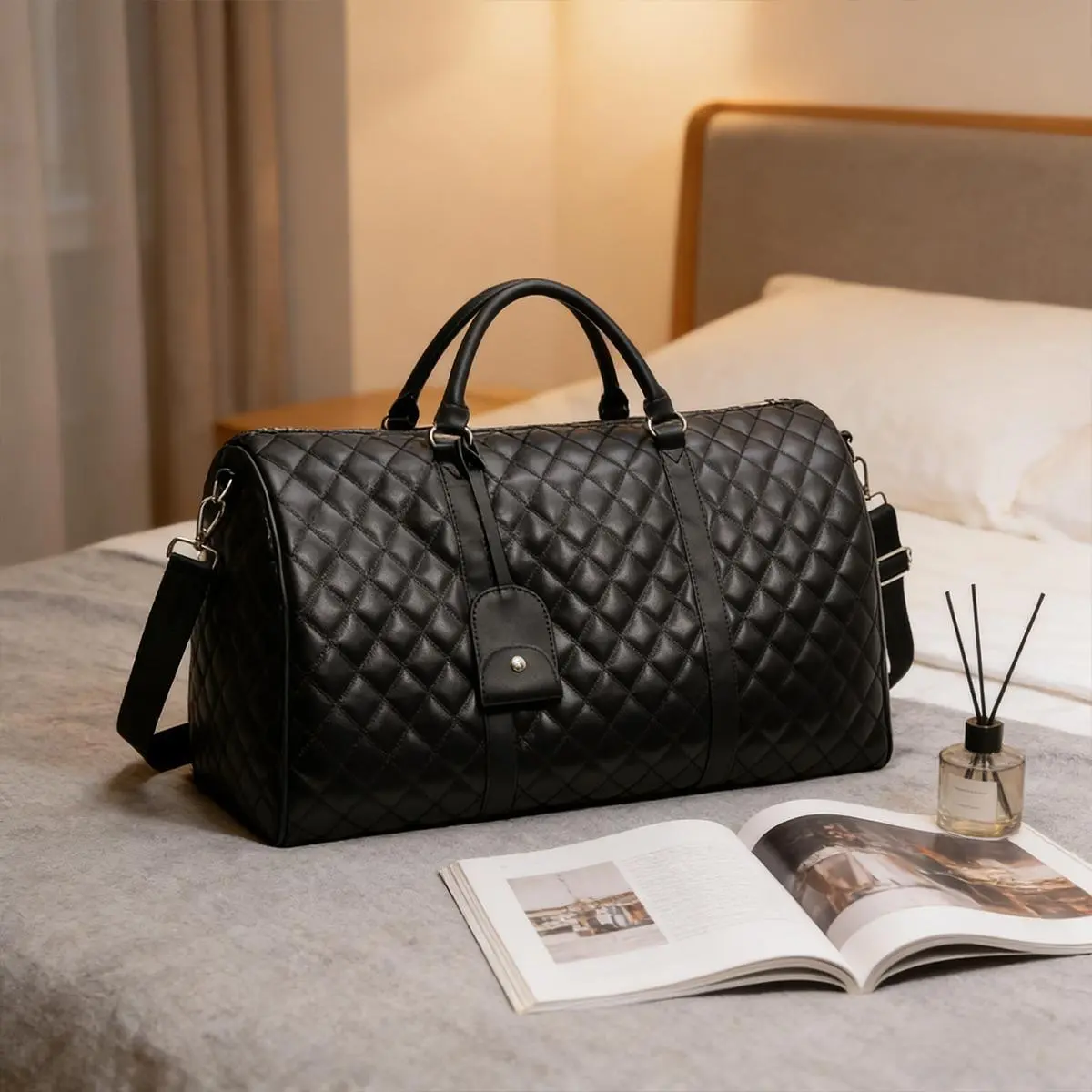 Quilted PU Leather Duffel Bag, Large Capacity Weekender with Crossbody Strap for Gym, Travel, and Overnight Trips, Duffel Bags, Travel Luggage Bags, Weekend Travel Bag