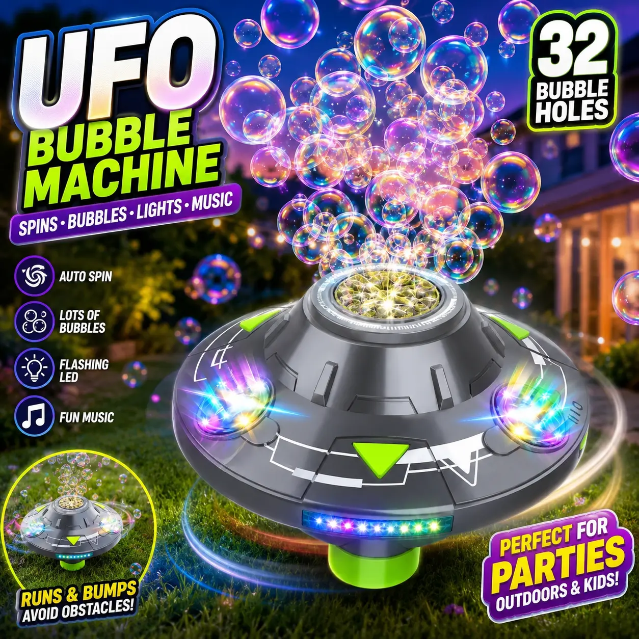 EFFUN-2026 Upgraded UFO-Shape Multifunction Bubble Maker Toy - 3.7V 1200mAh Battery-Powered Auto Spinning Blaster, LED Lights, Music, Obstacle Avoidance, 32-Hole Giant Output, 360° Free Movement, Indoor/Outdoor Cool Gift for Kids' Birthdays