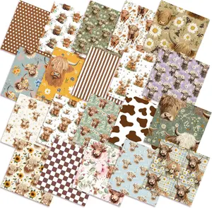 20 Pcs 10''x10'' Highland Cow Quilting Fabric Square Cow Precuts Quilted Fabric Bundle Plaid Polka Dot Stripes Sunflower Printed Sewing Material for Holiday Patchwork DIY Craft Supplies