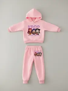 Girls' Fall Winter Fleece Lined 2-Piece Casual Set, Hooded Sweatshirt with Kpop Demon Hunters Cartoon Print, Matching Jogger Pants