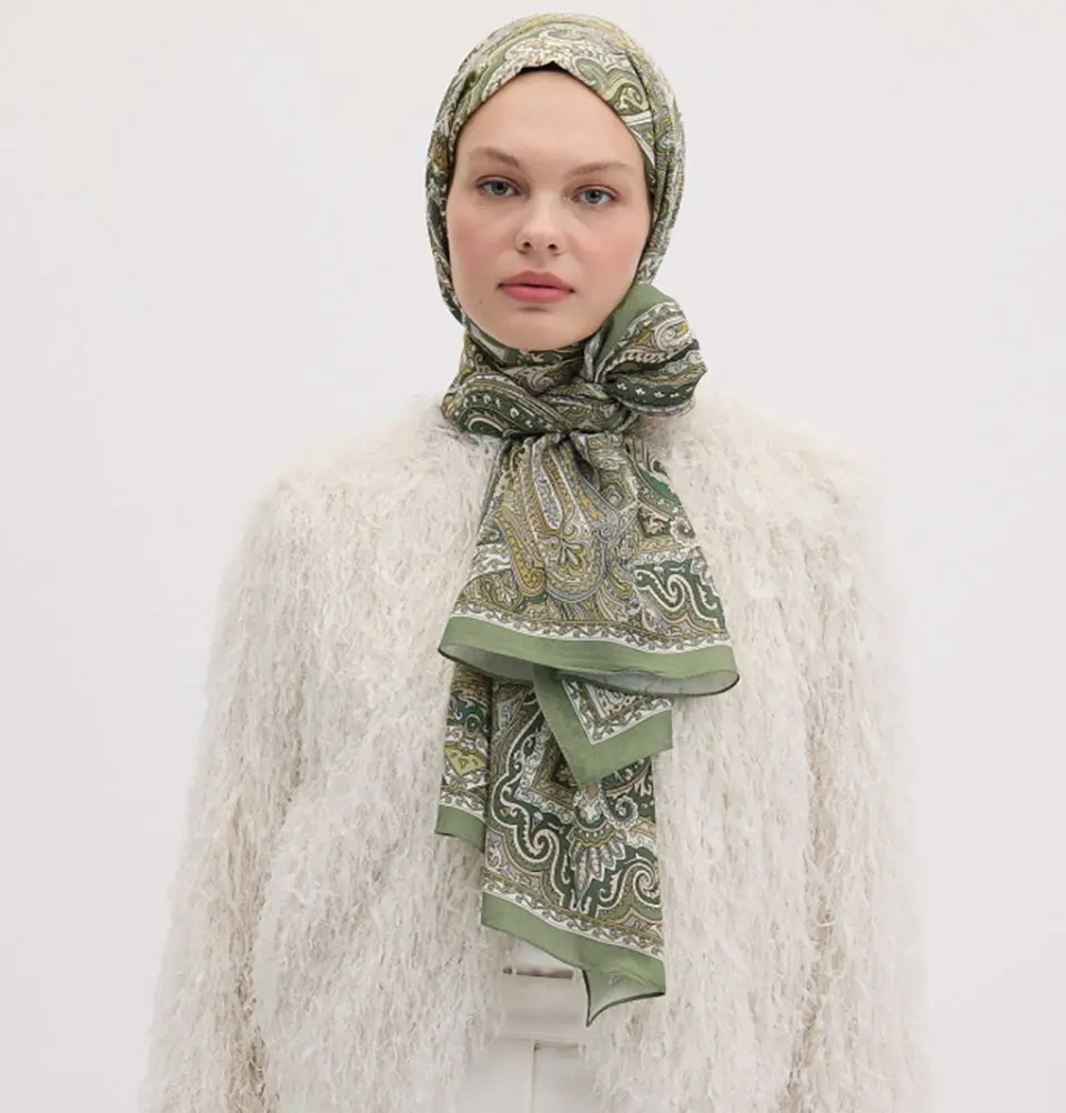 Modal Silk Blend Bohemian Breeze Etnic Floral Shawl Hijab - Moss Green