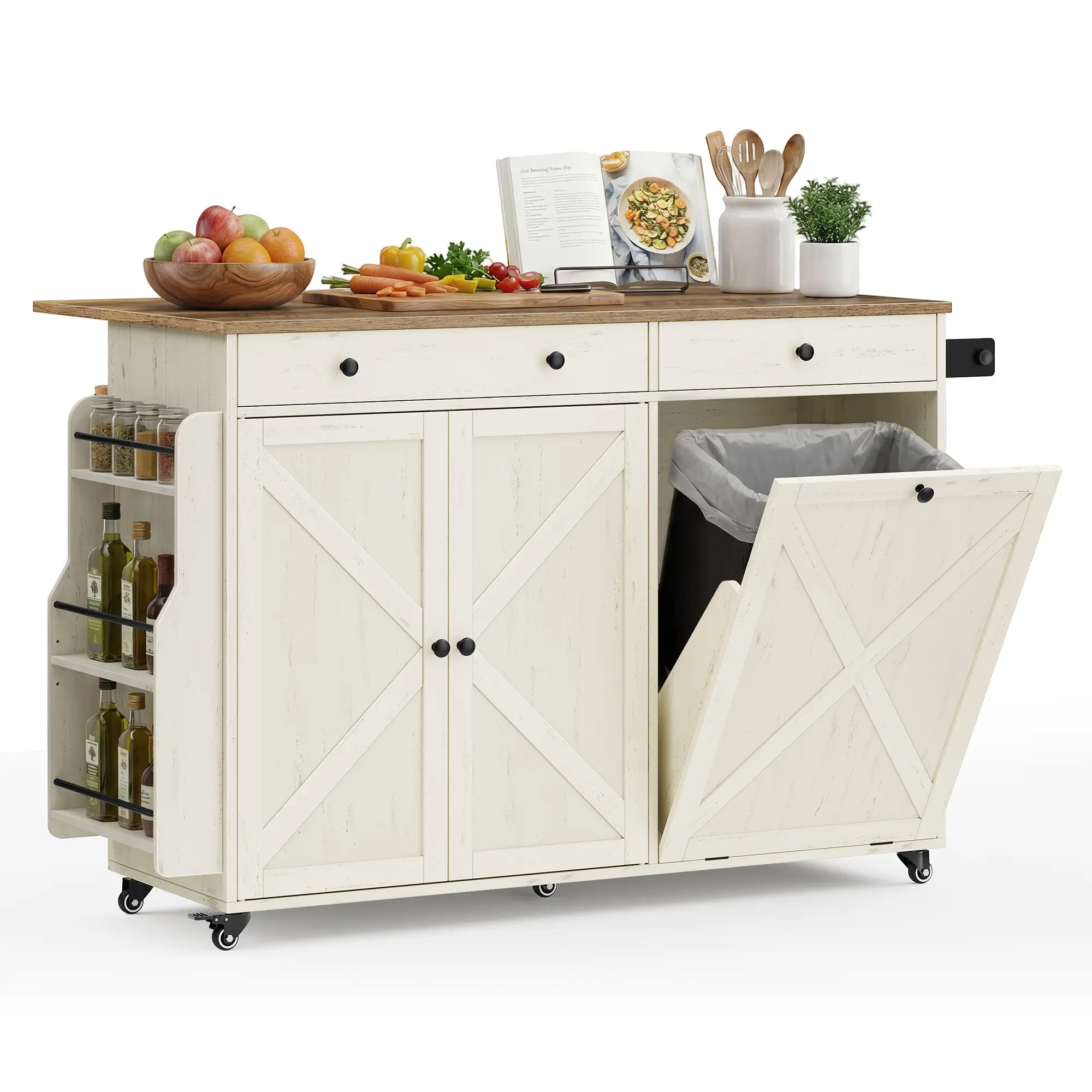 VASAGLE Mobile Kitchen Island with Trash Can Storage, Drop Leaf, Portable Island with Spice Rack, Mobile Cart with Storage Cabinet, for Dining Room