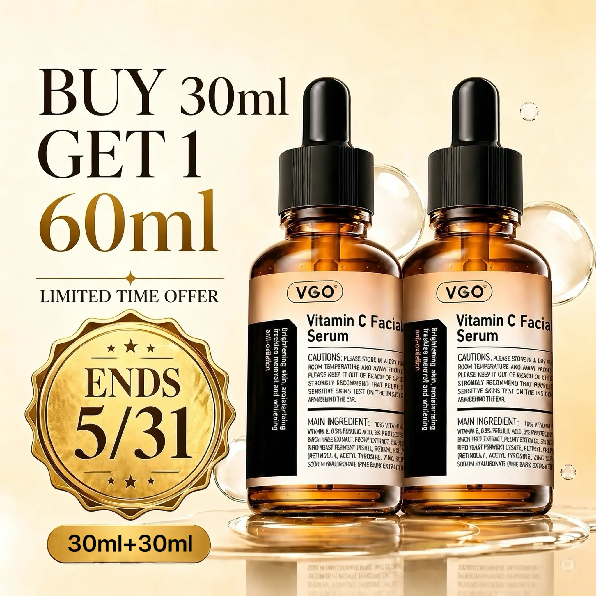 【Buy 30ml VC Serum Get 1 60ml Free】VGO Vitamin C Facial Serum 30ml/60ml soothes skin, suitable for all skin types, rich in retinol and has additional benefits such as youthful Hydrate , brightening skin tone, and daily skincare.