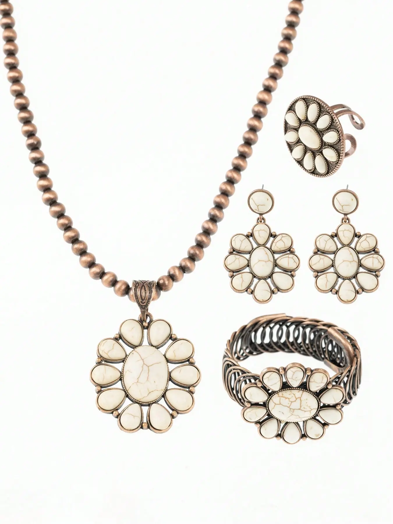 4-Piece Retro Boho Women's Jewellery Gift Set – Necklace, Earrings, Ring & Bracelet, Vintage Bronze-Tone Turquoise Teardrop Flower Pendants, Elegant Gift for Holidays & Outfits