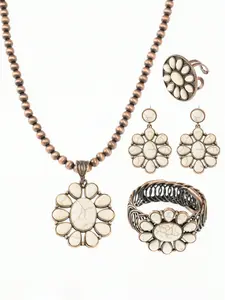 4pcs/Set Retro Boho Style Women Jewelry Set, Jewellery Gift Set, Includes Necklace, Earrings, Ring & Bracelet, Vintage Bronze-Tone Turquoise Teardrop Flower Pendants, Suitable For Outfits, Holidays And More, Elegant Jewelry Set