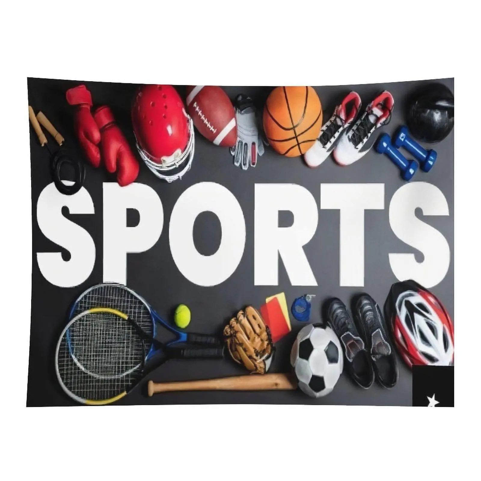 Mixed Sports Equipment Collage Wall Tapestry - 1-Piece Rectangular Wall Decor, Black Background with Bold Text, Basketball Soccer Boxing Tennis Fitness Gear Design, Teen Boys Gym Bedroom Backdrop, Multi-Size
