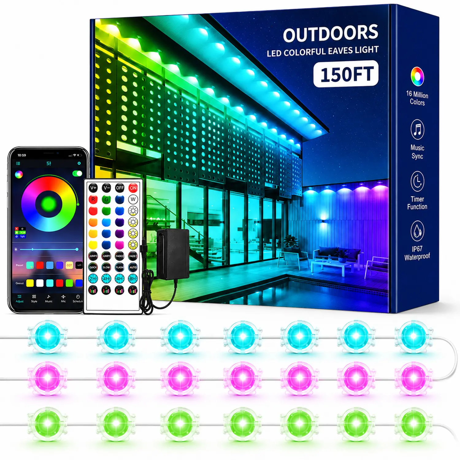 Permanent RGB LED Outdoor Eave Lights, IP67 Waterproof Smart House Roof Lights, APP & Remote Control, Music Sync Timer, Year-Round Holiday Home Decor