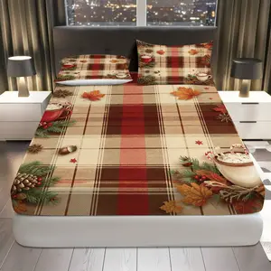 3Pcs Plaid Autumn Holiday Fitted Sheet Three Piece Set (1*Fitted Sheet+2*Pillowcases, Coreless), Christmas theme, Seasonal Cozy Bedding Set, Mattress protector Soft, Breathable