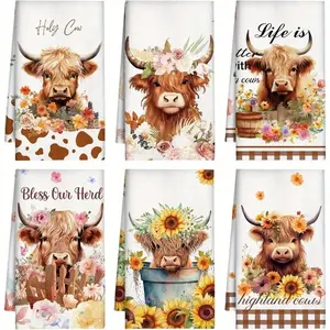 Super Soft 6pcs Modern Highland Cow Polyester Towels - Absorbent Oblong Woven Kitchen Towels for Farmhouse Decor - Machine Washable, 18*26 INCH Cleaning Brown