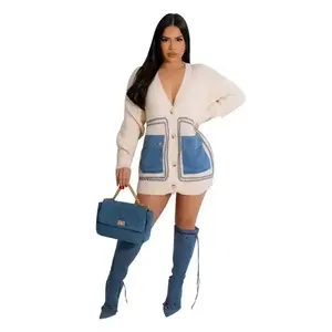 summer spring clothes Knitted Women Cardigans Denim Patchwork Pockets Sweaters Coats 2024 Autumn Winter Streetwear Casual Button Up Baggy Outerwear Knitwear Womenswear Long Sleeve Check