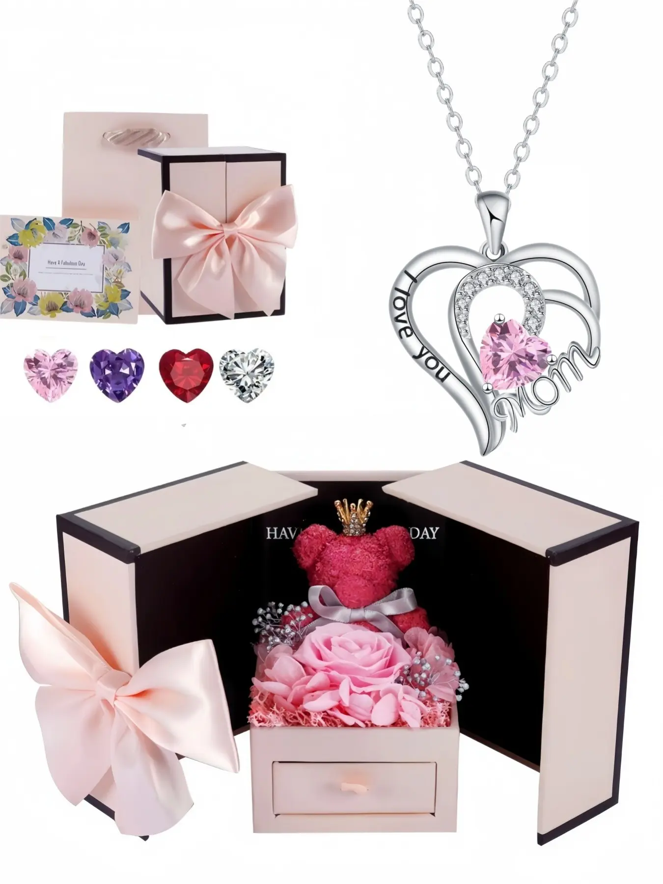Blazing Heart Mother's Grace · Dual Soft Vows Premium MOM heart-shaped gem necklace.Paired with a preserved rose & teddy bear jewelry gift box.Perfect mysterious gift for birthdays, Valentine's Day, Mother's Day and Christmas. Zircon Necklace
