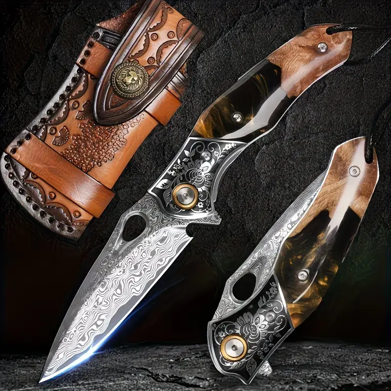 Large Damascus Steel Household Fruit Knife - Durable Steel Tool, Portable Knives, Sharp Folding Pocket Kitchen Tool with Sheath for Fruits and Vegetables Peeling
