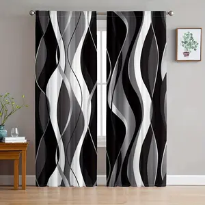 2 pieces of gorgeous style abstract black and white geometric striped pattern curtains, translucent polyester rod curtains, Home Decoration Curtain, suitable for living rooms, machine washable, anti-fading, four-season decorative panels